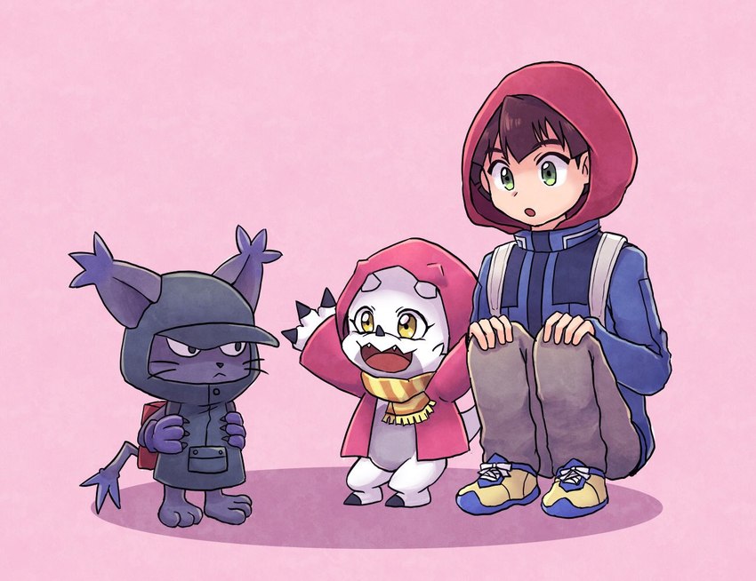 anthro black_body black_claws black_fur claws clothing crouching fur green_eyes group hoodie kerchief male red_clothing topwear trio white_body yellow_eyes mstdndkkkkk bandai_namco digimon digimon_ghost_game gammamon_(ghost_game) hiro_amanokawa blackgatomon_uver. digimon_(species) domestic_cat felid feline felis gammamon human mammal