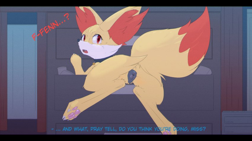 animal_genitalia animal_pussy canine_genitalia canine_pussy caught_in_the_act collar eyelashes female feral fur genitals looking_at_viewer looking_back nude open_mouth pawpads pussy solo spread_legs spreading text yellow_body yellow_fur pawoo nintendo pokemon fennekin generation_6_pokemon pokemon_(species) 16:9 digital_media_(artwork) hi_res widescreen