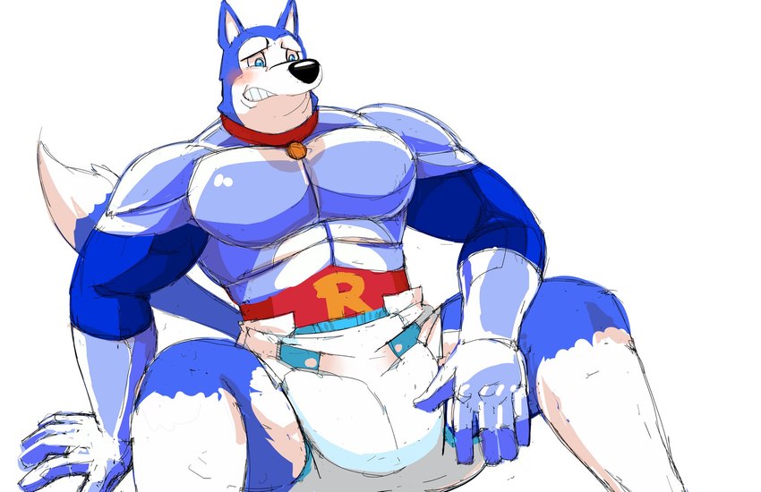 5_fingers anthro biped black_nose blue_body blue_eyes blue_fur blue_tail blush clothed clothing collar diaper embarrassed fingers fur male multicolored_body multicolored_fur muscular muscular_anthro muscular_male red_collar simple_background solo tail text toony two_tone_body two_tone_fur two_tone_tail wearing_diaper white_background white_body white_diaper white_fur white_tail daire301 road_rovers exile_(road_rovers) canid canine canis domestic_dog husky mammal nordic_sled_dog spitz 2023 digital_media_(artwork) hi_res