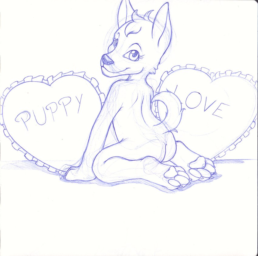 4_toes anthro butt feet female heart_pillow kneeling looking_back nude pawpads pillow simple_background solo text text_on_pillow toes white_background young young_anthro sogaroth canid canine canis domestic_dog mammal 2023 blue_and_white english_text guide_lines hi_res monochrome