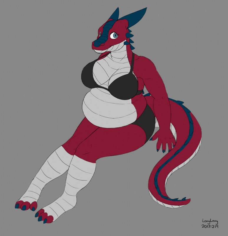 anthro big_breasts biped breasts clothed clothing female looking_at_viewer non-mammal_breasts overweight overweight_anthro overweight_female partially_clothed simple_background sitting skimpy smile solo tail longlevy mythology dragon mythological_creature mythological_scalie scalie 2017 digital_media_(artwork) sketch