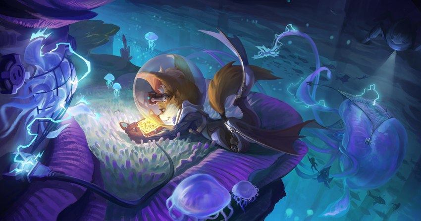 ambiguous_gender anthro detailed_background diving_helmet diving_suit eyewear eyewear_on_head flippers fur furgonomics goggles goggles_on_head holding_object male tail tan_body tan_fur underwater water unknown_artist mobile_legends chip_(mlbb) canid canine fennec_fox fox mammal true_fox absurd_res hi_res male_(lore)