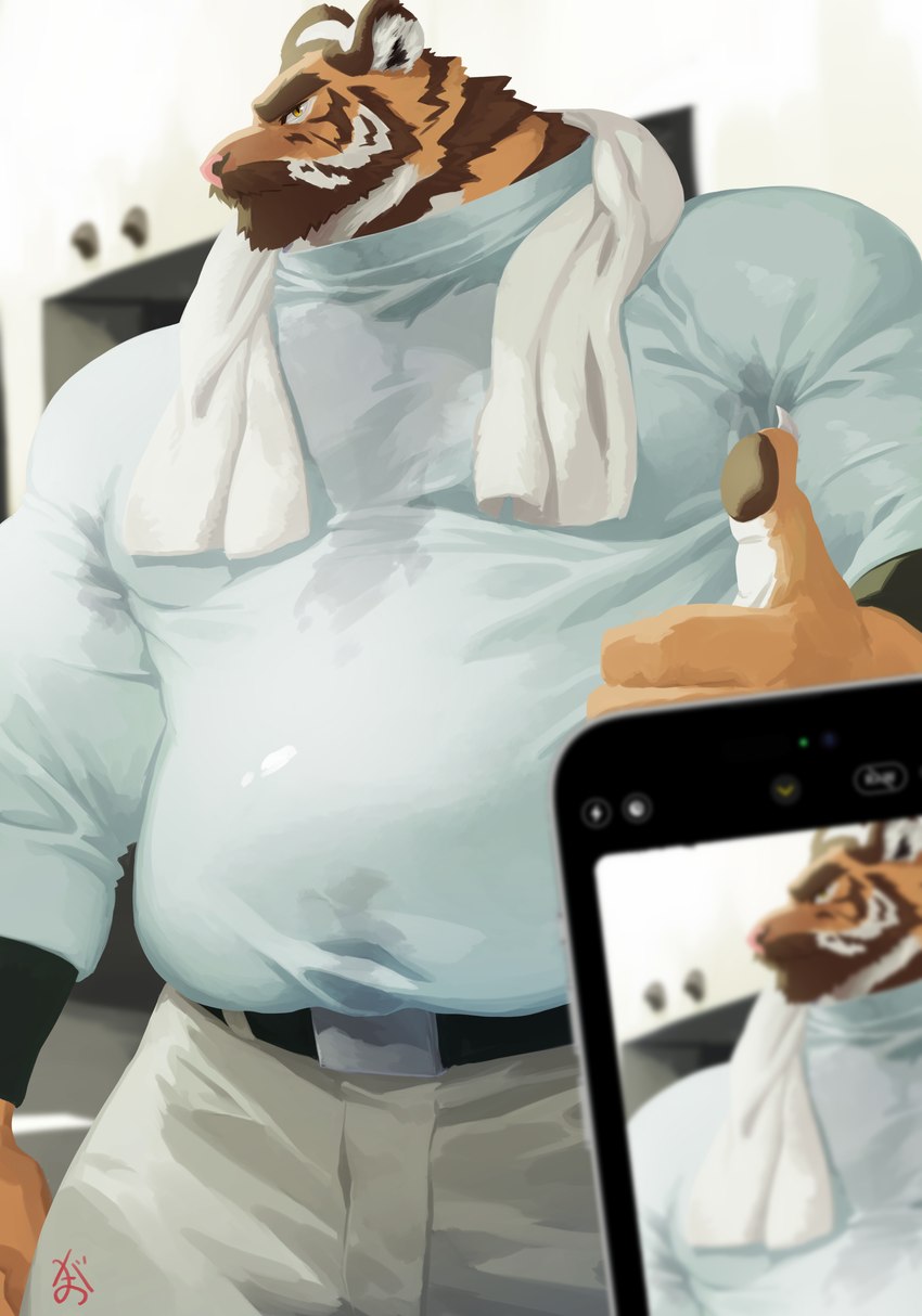 amber_eyes anthro belly belt biped bottomwear brown_body brown_fur cellphone clothed clothing electronics eyebrows fully_clothed fur gesture glistening glistening_eyes hand_gesture male orange_body orange_fur overweight overweight_anthro overweight_male pants phone pink_nose pose shirt small_head smartphone solo thumbs_up topwear towel towel_around_neck gaoemon3 apple_inc. iphone felid mammal pantherine tiger 2023 absurd_res digital_media_(artwork) hi_res