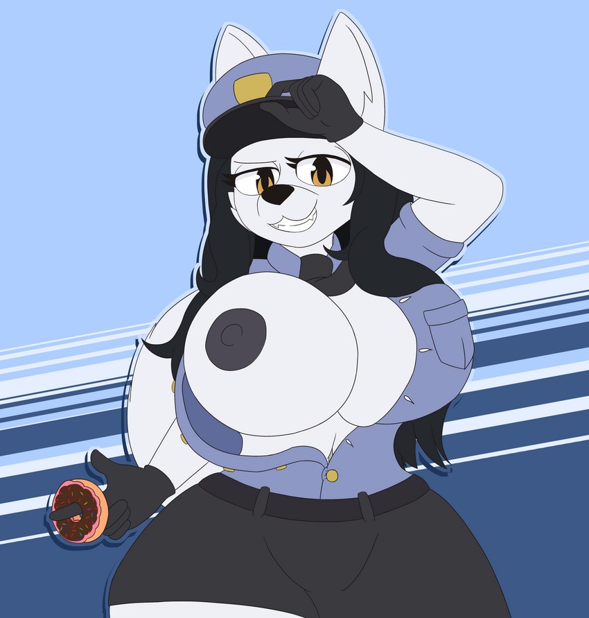 anthro areola big_breasts black_hair breasts brown_eyes clothing dessert doughnut female food front_view hair huge_breasts nipples one_breast_out pastry police police_officer police_uniform shirt smile solo topwear unbuttoned_shirt uniform white_body thespeedyraisin officer_pai_(miso_souperstar) canid canine canis domestic_dog mammal absurd_res hi_res