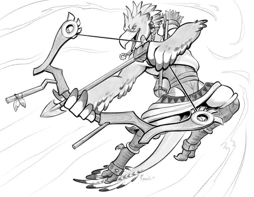 action_pose ambiguous_gender anthro arrow_(weapon) bow_(weapon) claws falcon_bow pose ranged_weapon solo tail toe_claws weapon winged_arms wings gorath breath_of_the_wild nintendo tears_of_the_kingdom the_legend_of_zelda avian rito 2021 absurd_res hi_res monochrome signature sketch