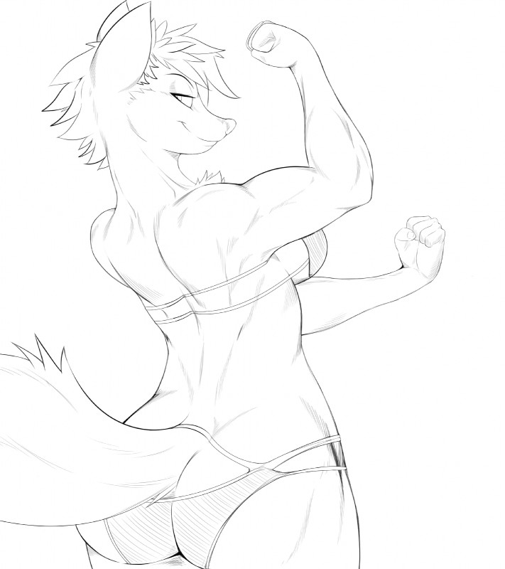 anthro biped bottomwear bra breasts clothing female fist flexing flexing_bicep fluffy fluffy_tail furgonomic_bottomwear furgonomics hair half-closed_eyes looking_at_viewer muscular narrowed_eyes rear_view short_hair side_boob smile solo standing tail tail_button_bottoms tail_clothing underwear rheumatism mammal digital_drawing_(artwork) digital_media_(artwork) half-length_portrait hi_res monochrome portrait