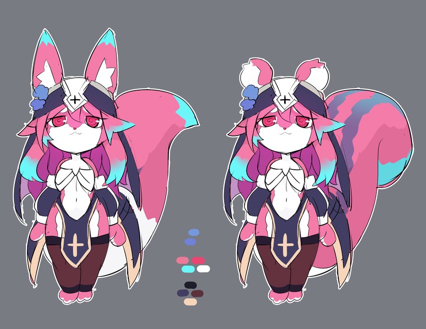 :3 anthro anthrofied armwear biped blue_ears blue_hair blue_tail breasts chibi cleavage clothed clothing ear_tuft female front_view grey_background hair inner_ear_fluff legwear looking_at_viewer multicolored_body multicolored_ears multicolored_face multicolored_tail navel nun nun_outfit pink_body pink_ear pink_hair pink_nose pink_tail purple_eyes simple_background small_breasts solo standing stockings tail tuft white_body white_tail rtari liveruli vtuber rosetta_(liveruli) canid canine fox mammal rodent sciurid tree_squirrel absurd_res hi_res model_sheet official_art sketch