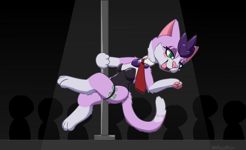 anthro being_watched bunny_costume clothing costume dancing eyeshadow female looking_at_another makeup money pole pole_dancing solo stripper_pole feeshyartist mizu_(feeshyartist) felid feline mammal philikkahn absurd_res hi_res