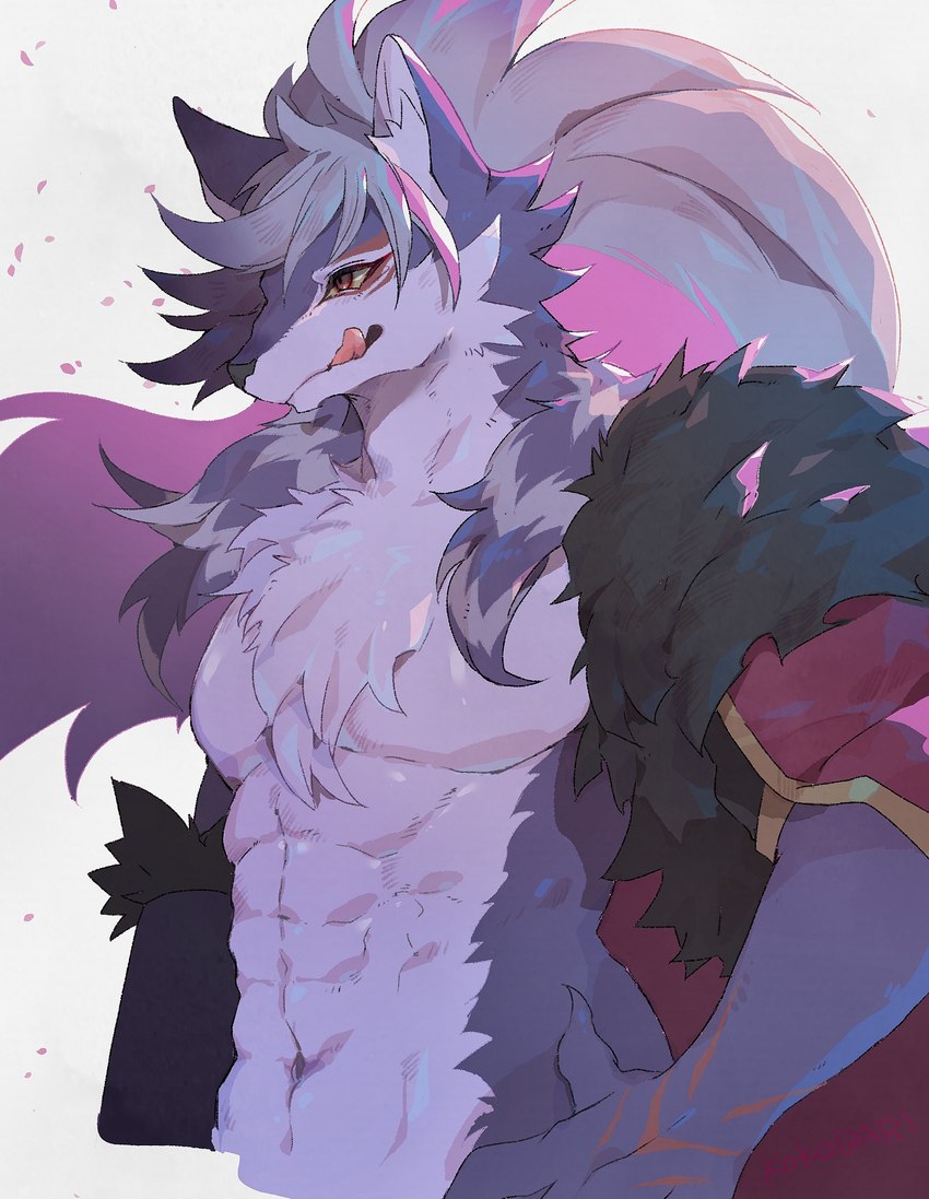 abs anthro black_clothing chest_tuft clothing hair long_hair male pecs purple_body red_clothing shirtless solo tongue tuft kokodari yu-gi-oh! folgo_justice_fur_hire fur_hire canid canine canis duel_monster mammal wolf hi_res