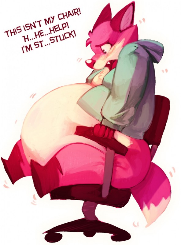 anthro barefoot belly belly_overhang big_belly big_butt biped blush bottomless butt chair clothed clothing dialogue dipstick_tail feet fur furniture hoodie huge_belly hyper hyper_belly male markings multicolored_tail obese obese_anthro obese_male office_chair open_clothing open_hoodie open_mouth open_topwear overweight overweight_anthro overweight_male pink_body pink_fur simple_background sitting solo squish struggling stuck tail tail_markings text thick_thighs topwear white_background white_body white_fur wide_hips worried ben-ben canid canine fox mammal english_text hi_res