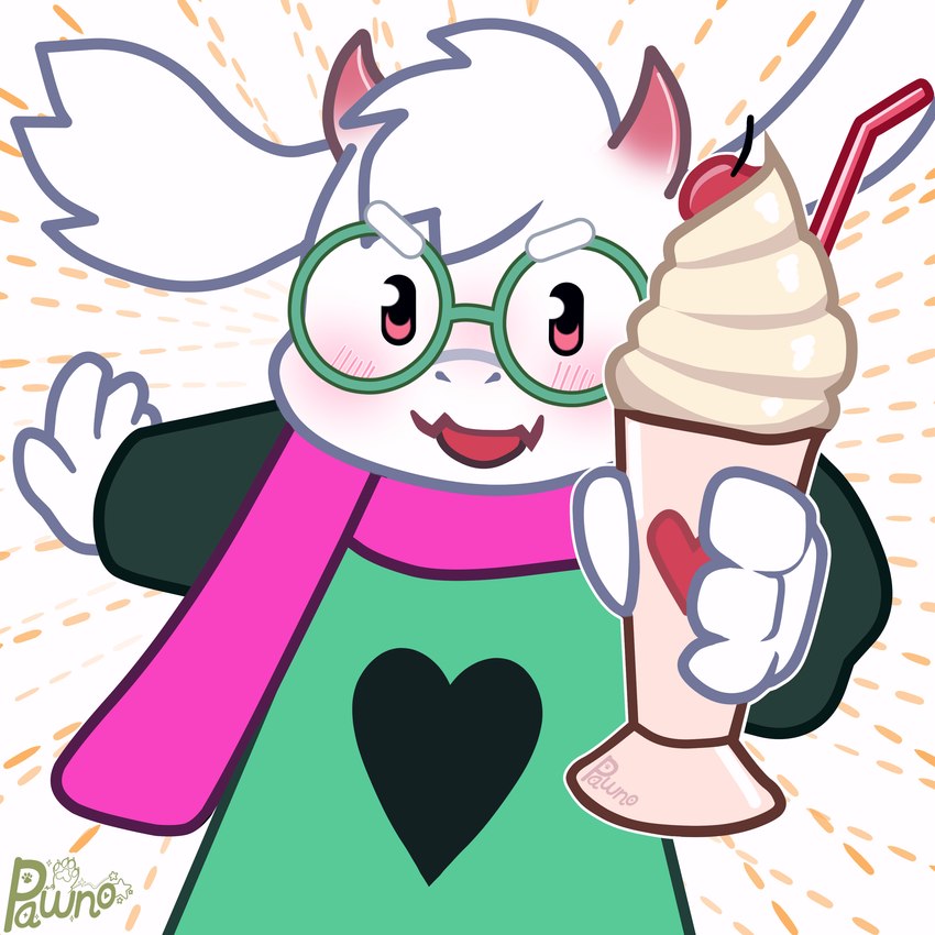 ambiguous_gender anthro beverage blush cherry dairy_products drinking_straw eyewear food fruit glasses green_eyewear green_glasses heart_symbol horn milkshake offering_to_viewer open_mouth pink_eyes pink_scarf plant scarf smile solo whipped_cream pawnoart deltarune undertale_(series) ralsei bovid caprine goat mammal 1:1 absurd_res hi_res male_(lore)