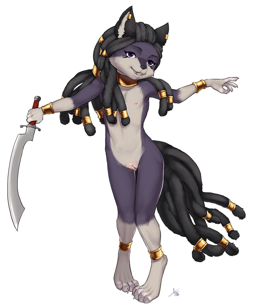 anthro black_body black_ears black_fur black_hair claws dreadlocks female flat_chested front_view fur genitals hair holding_khopesh holding_melee_weapon holding_object holding_sword holding_weapon innie_pussy jewelry khopesh melee_weapon multicolored_body multicolored_fur nipples nude open_mouth purple_eyes pussy solo sword teeth tongue weapon young young_anthro young_female aogami ankha_(ajdurai) african_golden_wolf canid canine canis egyptian_wolf mammal 2022 full-length_portrait hi_res portrait signature