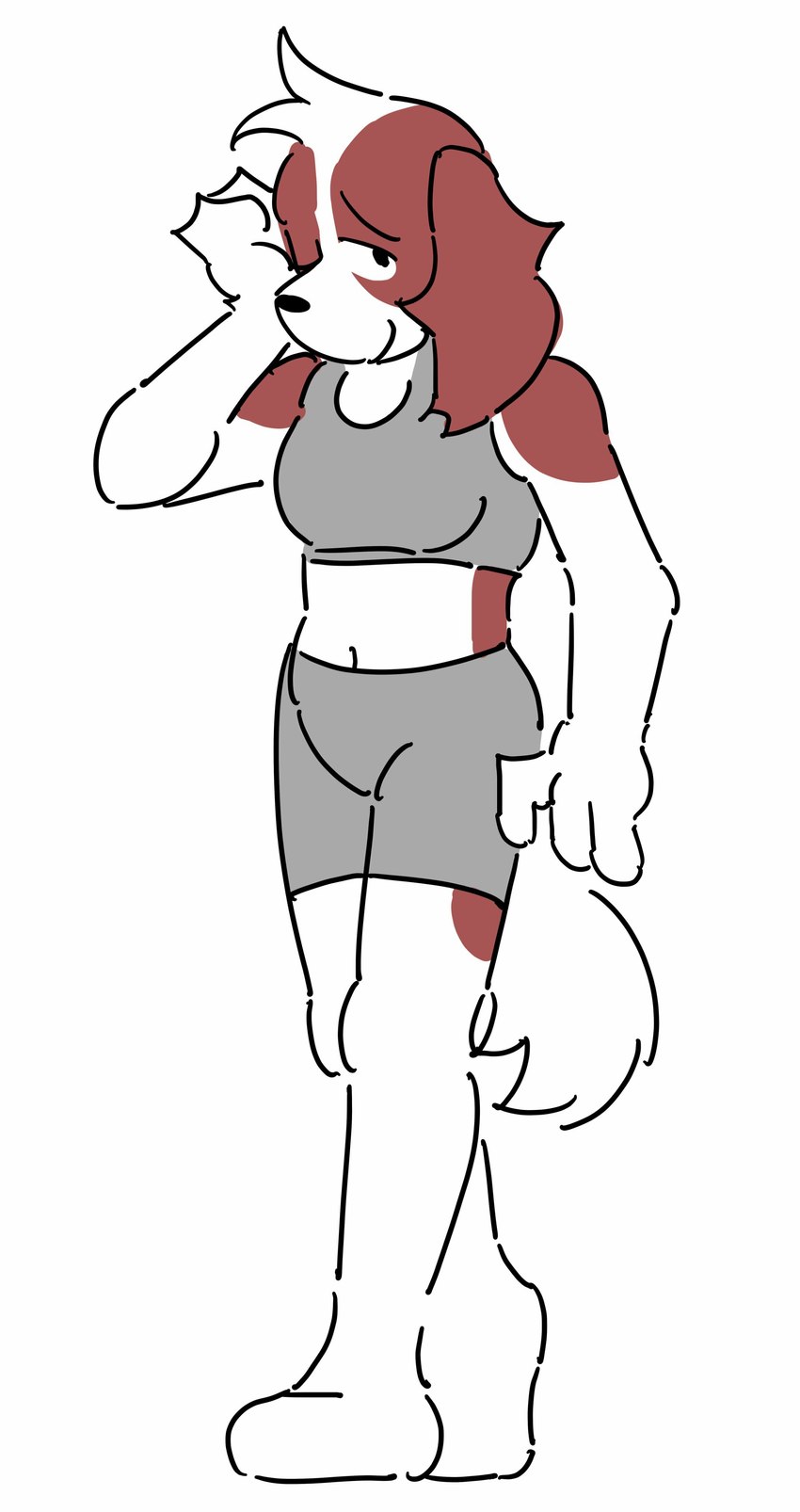 anthro black_nose bottomwear bra breasts brown_body brown_fur clothed clothing female floppy_ears fur grey_bottomwear grey_bra grey_clothing grey_shorts grey_sports_bra grey_underwear head_tuft looking_at_viewer lop_ears navel one_eye_closed plantigrade shorts simple_background smile snout solo sports_bra standing tail tuft underwear white_background white_body white_fur montshoo cloud_(cloudpie) bird_dog canid canine canis cavalier_king_charles_spaniel domestic_dog hunting_dog mammal spaniel toy_dog 2021 absurd_res digital_drawing_(artwork) digital_media_(artwork) flat_colors full-length_portrait hi_res portrait