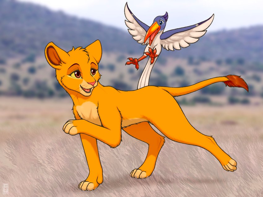 ambiguous_gender beak blue_body brown_eyes countershading detailed_background duo eye_contact feral flying fur grass_field grassland looking_at_another male open_mouth outside photo_background raised_leg raised_tail shadow tail white_body yellow_body yellow_fur young young_feral crocodiler_owen disney the_lion_king simba_(the_lion_king) zazu_(the_lion_king) avian bird bucerotiform felid hornbill lion mammal pantherine red-billed_hornbill 2022 digital_media_(artwork) hi_res photography_(artwork) shaded