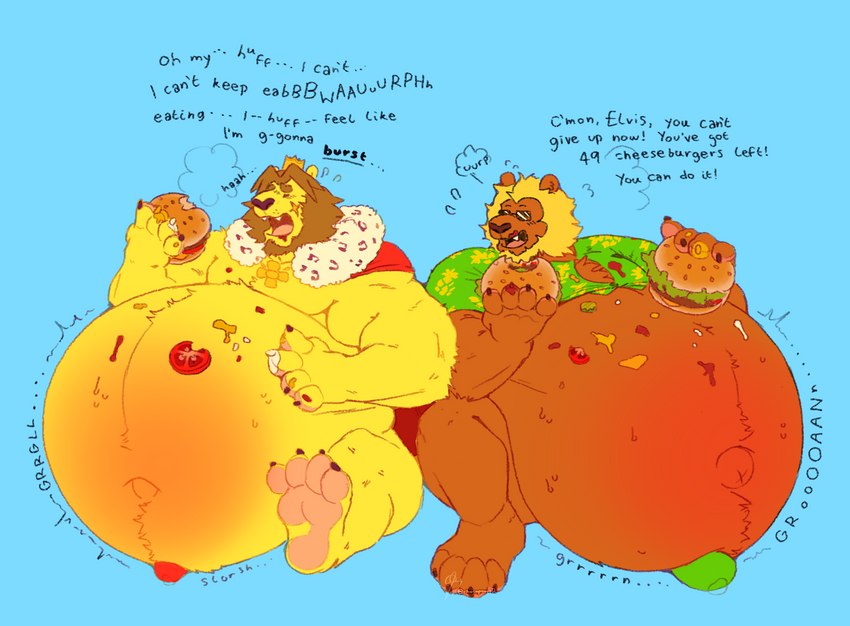 anthro barefoot belly belly_blush big_belly big_penis bloated blush bodily_fluids body_blush body_hair breath brown_body brown_fur brown_mane burger burp_cloud burping claws close_to_bursting clothed clothing dialogue dripping duo eating erection eyewear feet food food_on_belly food_stains fur genital_fluids genitals groaning happy_trail huge_belly hyper hyper_belly leaking_precum male mane moan muscular muscular_male navel onomatopoeia open_mouth outie_navel overweight overweight_male panting pawpads paws penis precum rumbling_stomach scar slob slosh sloshing_belly sound_effects stuffing sunglasses sweat sweatdrop text tongue tongue_out yellow_body yellow_fur chocopaws2 animal_crossing nintendo bud_(animal_crossing) elvis_(animal_crossing) felid lion mammal pantherine english_text