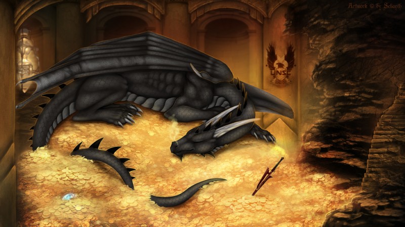 ambiguous_gender black_body black_scales detailed_background feral hoard horn membrane_(anatomy) membranous_wings scales sleeping smile solo spines tail wings selianth european_mythology mythology dragon mythological_creature mythological_scalie scalie western_dragon 2018 digital_media_(artwork) hi_res