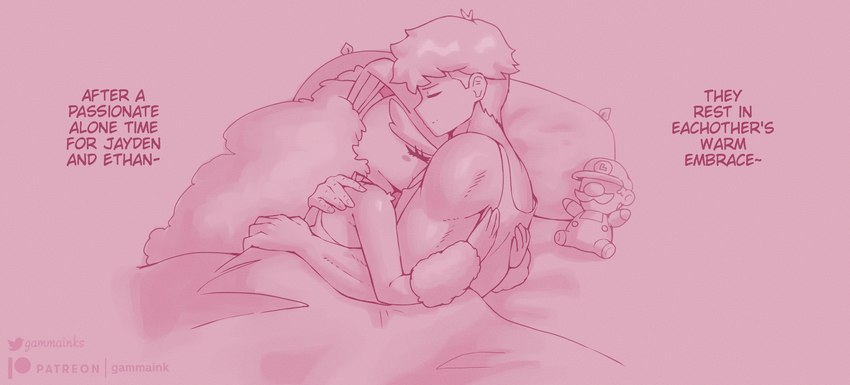 anthro bed biped cuddling dialogue duo eyebrows eyes_closed face_in_chest femboy fingers furniture hair hug interspecies lying male male/male on_side pillow romantic romantic_couple text gammainks mario_bros nintendo pokemon ethan_(gammainks) jayden_(gammainks) luigi generation_4_pokemon human lopunny mammal pokemon_(species) 2024 digital_media_(artwork) english_text hi_res