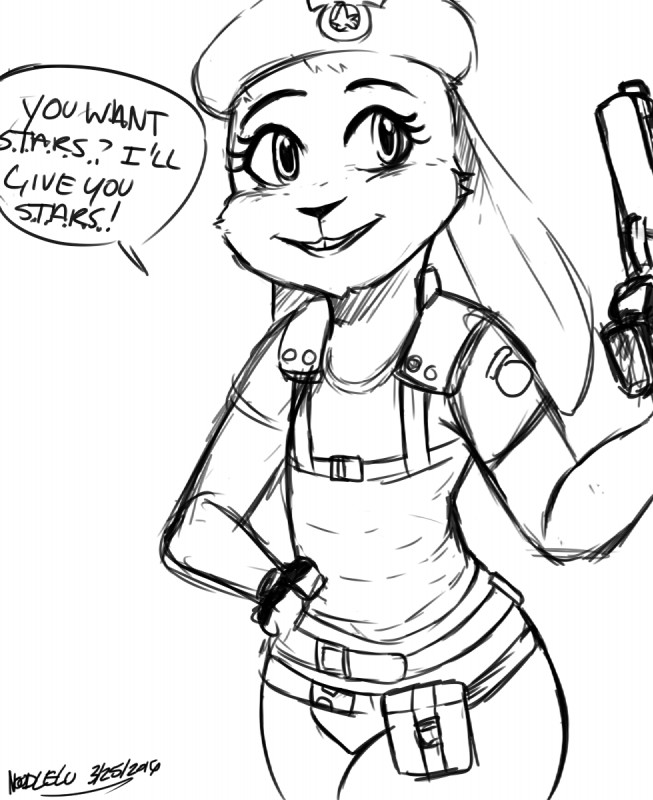 anthro clothing cosplay costume dialogue eyelashes female gun hat headgear headwear ranged_weapon solo speech_bubble text weapon noodle-lu capcom disney resident_evil zootopia jill_valentine judy_hopps lagomorph leporid mammal rabbit 2016 black_and_white crossover english_text hi_res monochrome