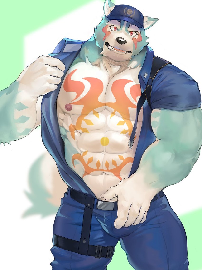 abs anthro bare_chest clothing male muscular muscular_anthro muscular_male pecs police police_hat police_officer police_uniform solo tattoo undressing uniform fug@9 lifewonders tokyo_afterschool_summoners oguchi_magami_(tas) canid canine canis mammal wolf 3:4 hi_res