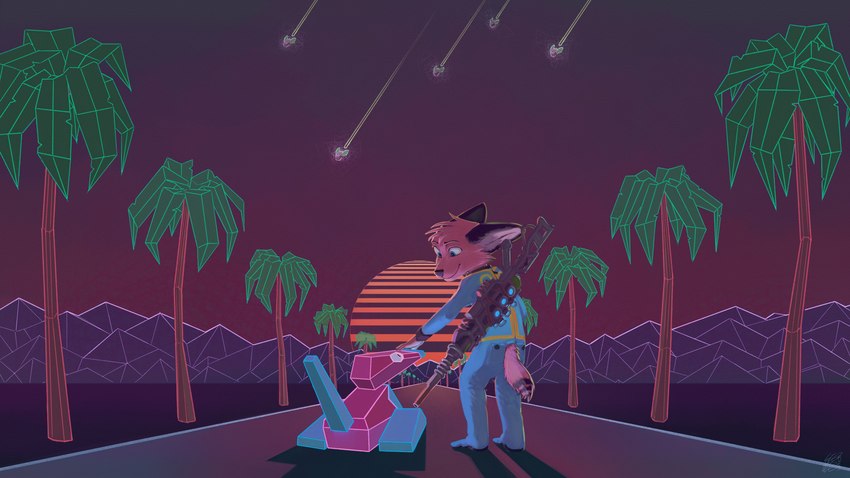 anthro appliance blue_eyes clothed clothing duo eye_contact flying_toasters fur gun hair jumpsuit kitchen_appliance looking_at_another male meteor_shower mountain_range neon_lights onesie outside palm_tree plant polygonal polygons ranged_weapon road sky smile sun synthwave toaster tree weapon young young_anthro leglegleg fallout microsoft nintendo pokemon generation_1_pokemon pokemon_(species) porygon absurd_res hi_res