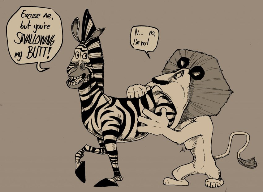 dialogue dialogue_box duo eye_contact feet_first feral looking_at_another looking_back male male/male mane mouthful open_mouth partially_inside pectoral_bulge swallowing vore lordweegee64 dreamworks madagascar_(series) alex_(madagascar) marty_(madagascar) equid equine felid lion mammal pantherine zebra