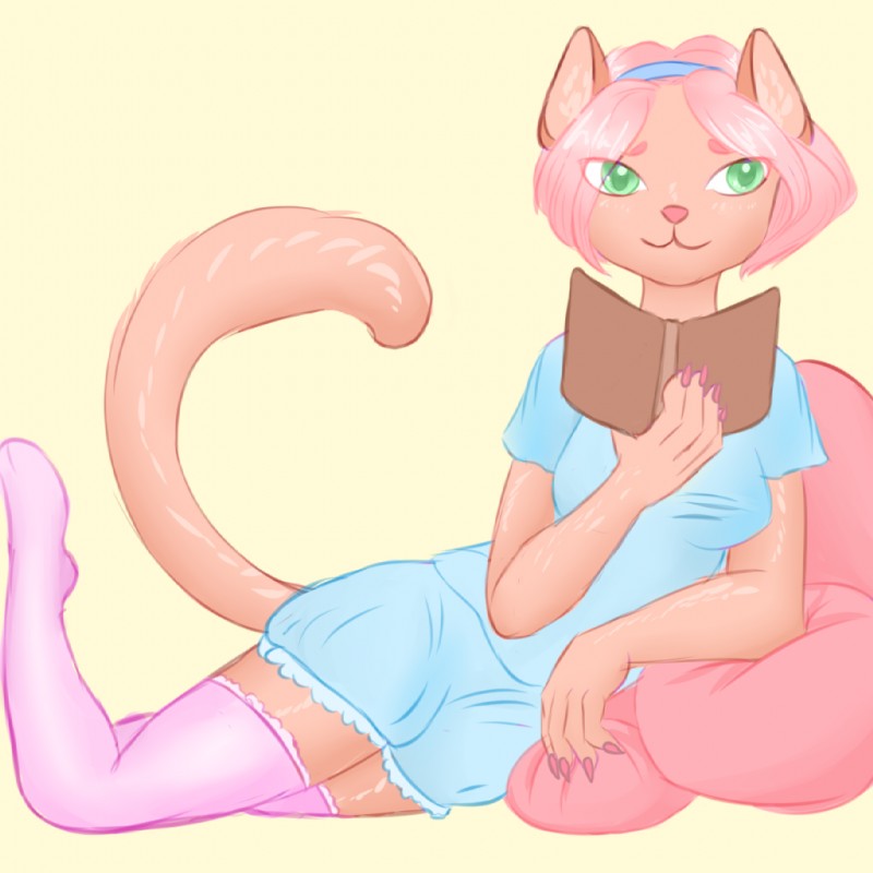 anthro bedroom book clothed clothing female fully_clothed hair legwear pajamas paws short_hair sleepwear solo stockings felicer domestic_cat felid feline felis mammal mary_(disambiguation) 1:1 2018 shaded sketch