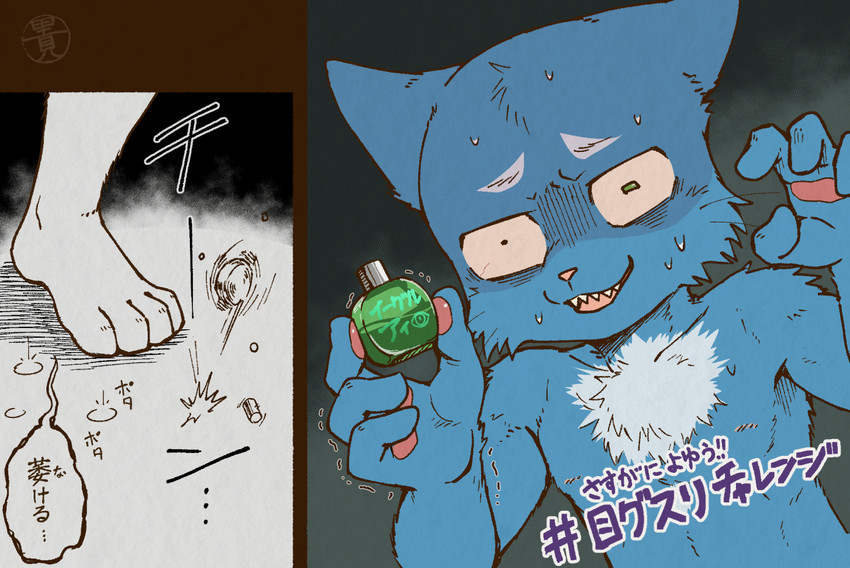 bloodshot_eyes blue_body blue_fur bodily_fluids chest_tuft crying eyedrops fur green_eyes kemono looking_at_viewer male pawpads solo tears text tuft dark_ishihara shampoo_challenge aoniya_yuudai domestic_cat felid feline felis mammal japanese_text meme partially_translated translation_check translation_request