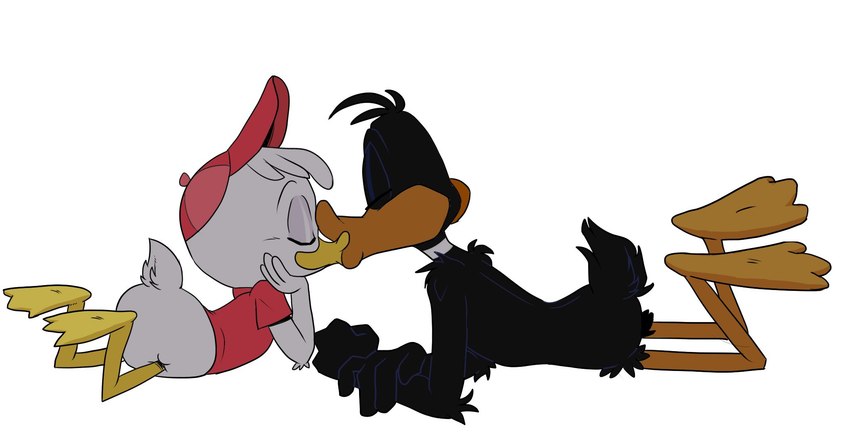 adult_on_young age_difference anthro clothed clothing duo eyes_closed feet hat headgear headwear holding_chin kissing lying male male/male young igotdragons disney ducktales ducktales_(2017) looney_tunes warner_brothers daffy_duck huey_duck anatid anseriform avian bird duck hi_res