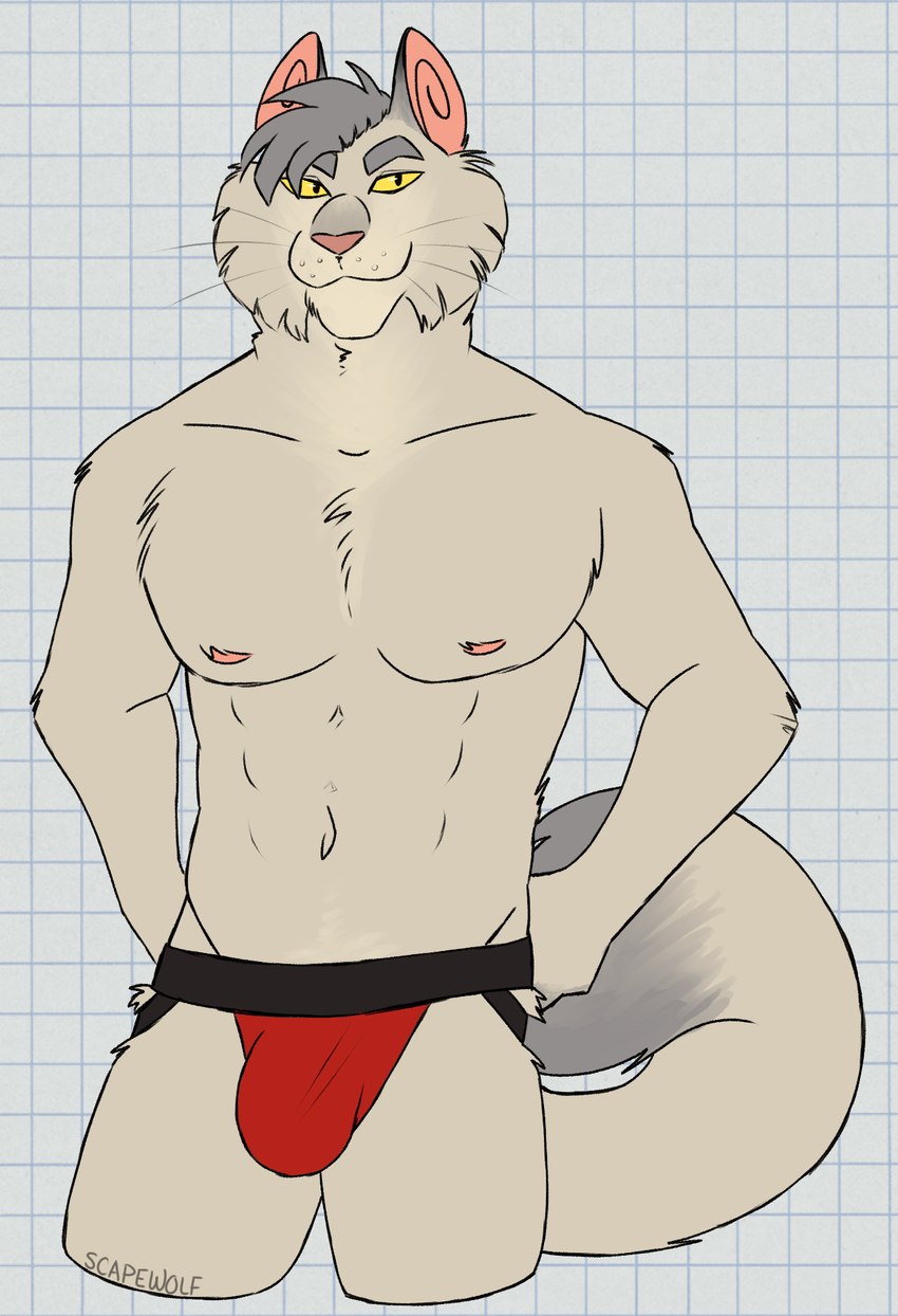 abs anthro arm_tuft biped black_eyes checkered checkered_background cheek_tuft clothed clothing elbow_tuft facial_tuft fluffy fluffy_tail fur grey_body grey_fur grey_hair hair hands_on_hips jockstrap jockstrap_only looking_at_viewer male male_anthro multicolored_body muscular muscular_anthro muscular_male navel nipples partially_clothed partially_clothed_male pattern_background pecs pink_inner_ear pink_nipples pink_nose red_clothing red_jockstrap red_underwear simple_background solo standing tail tan_body tan_fur topless tuft underwear underwear_only whiskers white_background yellow_sclera unsafescapewolf lackadaisy nicodeme_savoy felid feline mammal 2024 digital_drawing_(artwork) digital_media_(artwork) hi_res portrait three-quarter_portrait