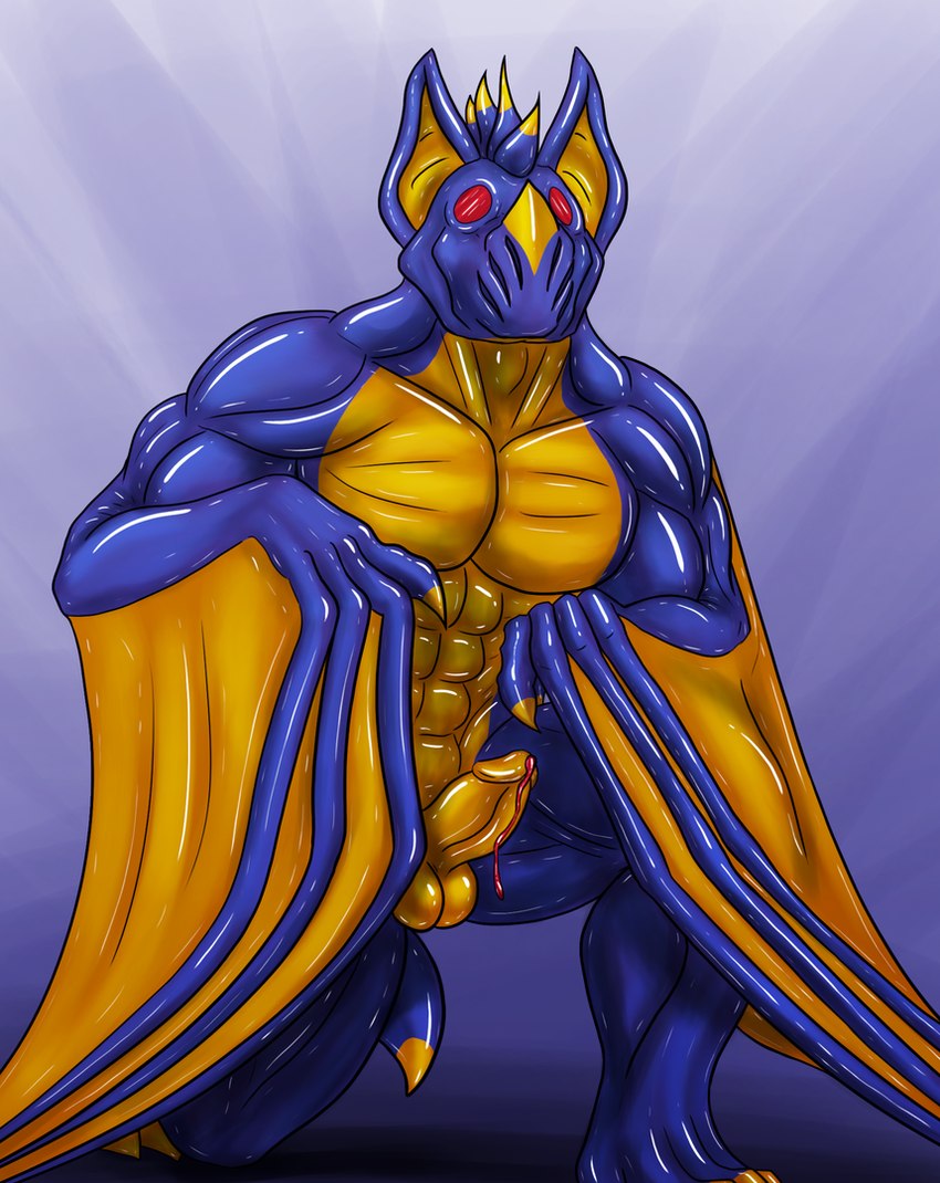 anthro balls bat_ears bat_wings belly big_ears blue_background blue_body blue_hair blue_latex bodily_fluids claws drone empty_eyes erection fauxhawk gas_mask genitals hair latex male mask membrane_(anatomy) membranous_wings multicolored_hair muscular muscular_anthro muscular_male orange_balls orange_belly orange_body orange_claws orange_hair orange_latex orange_membrane orange_nose orange_penis penis red_eyes simple_background solo textured_background toe_claws unusual_bodily_fluids wing_claws wings rwolf ferris_brubat bat latex_creature living_latex mammal 2016 digital_media_(artwork) sequence