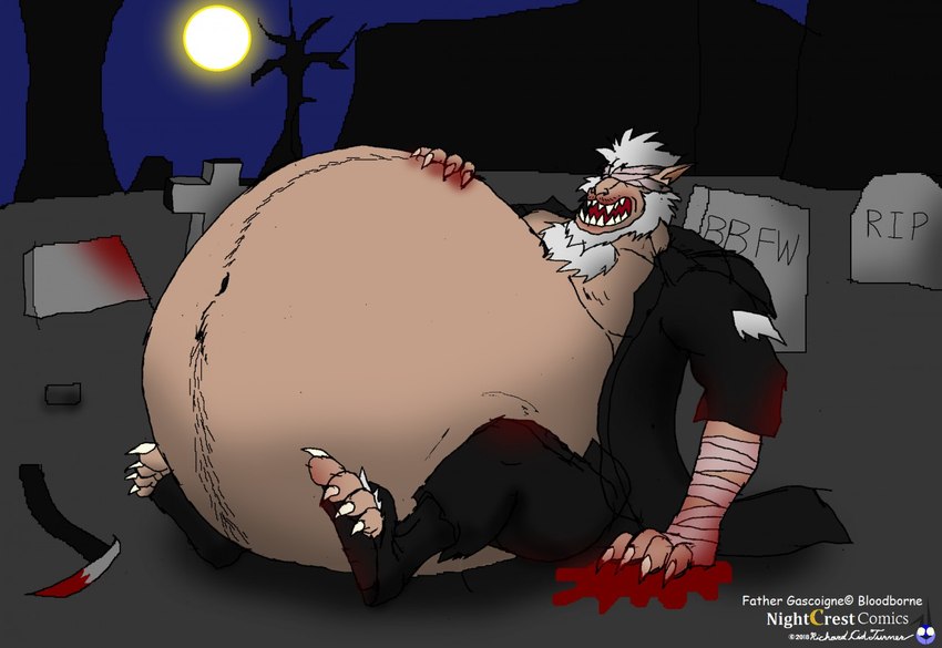 anthro bandage bandage_on_face bandaged_arm beard belly belly_fur belly_hair big_belly bloated blood blood_in_mouth blood_splatter bodily_fluids body_hair cement chest_hair claws clothing covered_in_blood covering covering_eyes covering_face drinking drinking_blood drunk facial_hair fangs finger_claws full_moon fur gluttony gore hair hand_on_belly hand_on_ground humanoid_pointy_ears hunter male melee_weapon moon navel navel_outline night obese obese_anthro obese_male overweight overweight_anthro overweight_male pointy_ears polearm scythe semi-anthro sharp_teeth solo stuffing substance_intoxication teeth text toe_claws tombstone torn_clothing torn_shoes wardrobe_malfunction weapon k9manx90_(artist) bloodborne fromsoftware sony_corporation sony_interactive_entertainment father_gascoigne_(bloodborne) beast_(bloodborne) humanoid monster monstrous_humanoid english_text