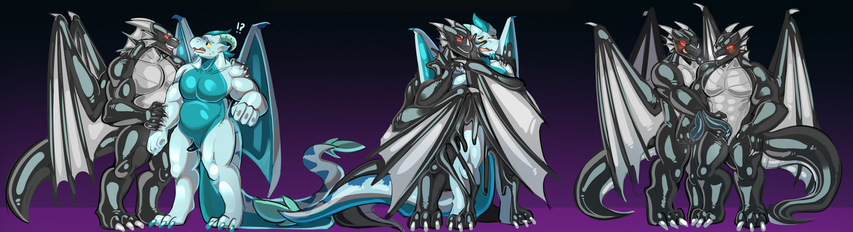 anthro assimilation barazoku black_body blue_body blue_eyes blush blush_lines claws dorsal_fin dorsal_frill ear_fins erection fin frill_(anatomy) genitals goo_transformation grey_body horn identity_death interrobang latex latex_transformation male multicolored_body musclegut muscular penis penis_grab red_eyes selfcest spines square_crossover surprised takeover transformation transformation_sequence twinning wings handsomewaifu mythology negadrake dragon goo_creature mythological_creature mythological_scalie scalie 2025 absurd_res hi_res