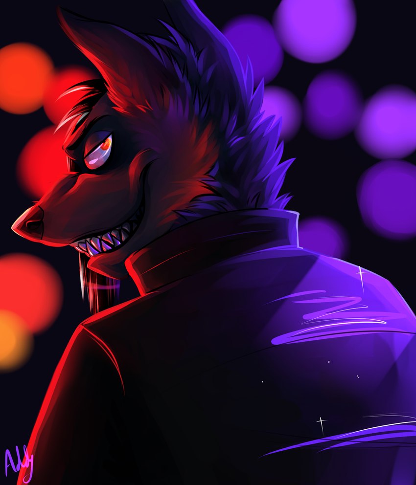 anthro brown_body brown_fur clothing evil_grin fur glowing jacket leather leather_clothing leather_jacket leather_topwear male neon_lights red_eyes smile solo topwear sausagewolf canid canine canis mammal wolf hi_res