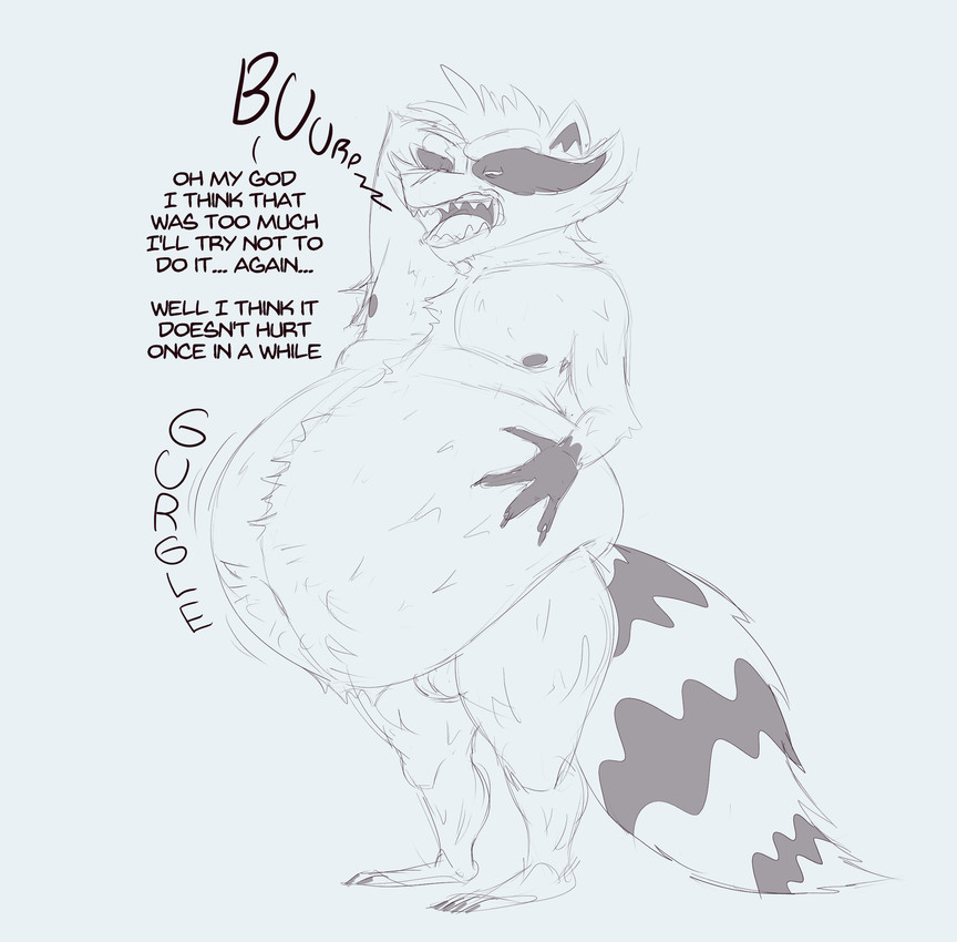 anthro armpit_hair belly belly_overhang belly_tuft big_belly bloated body_hair burping chest_tuft dialogue digestion fatal_vore hand_on_belly male male_pred navel nipples open_mouth rumbling_stomach same_size_vore sharp_teeth simple_background solo teeth text thick_thighs tuft vore white_background rogero_(artist) guardians_of_the_galaxy marvel marvel_rivals rocket_raccoon mammal procyonid raccoon english_text hi_res