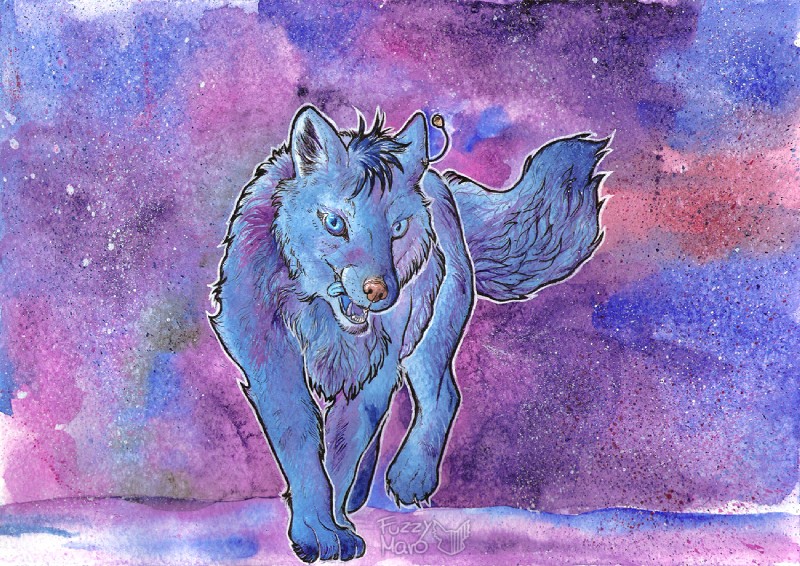 abstract_background ambiguous_gender blue_body blue_eyes blue_fur ear_piercing feral fur open_mouth piercing pink_nose solo fuzzymaro canid canine fox mammal painting_(artwork) traditional_media_(artwork) watercolor_(artwork)