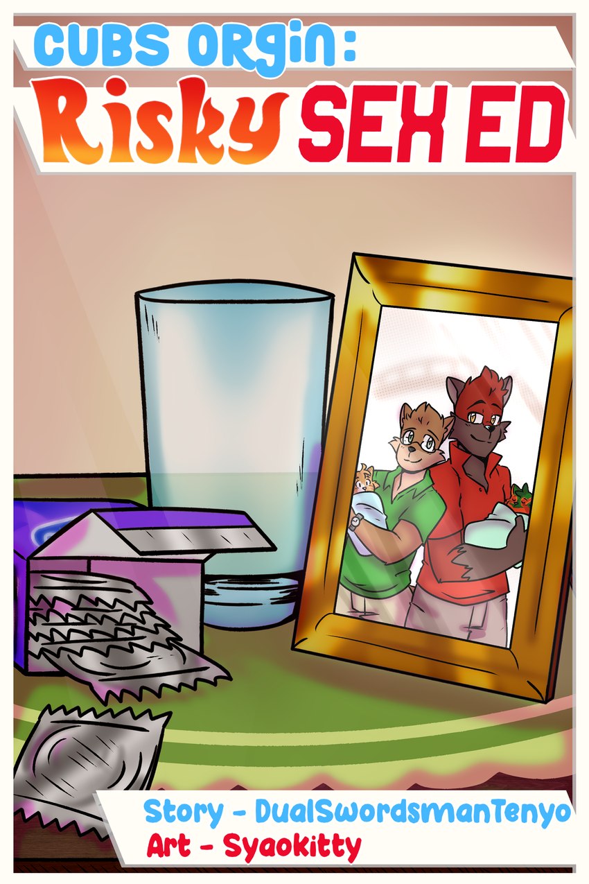 anthro baby condom condom_box duo family_photo framed_picture male sexual_barrier_device text unused_condom wrapped_condom young syaokitty blaze_wolf jesse_cat magma_wolf tenyo_cat canid canine canis domestic_cat felid feline felis mammal wolf 2:3 absurd_res comic cover cover_art cover_page english_text hi_res father_(lore) father_and_child_(lore) father_and_son_(lore) parent_(lore) parent_and_child_(lore) parent_and_son_(lore) son_(lore)