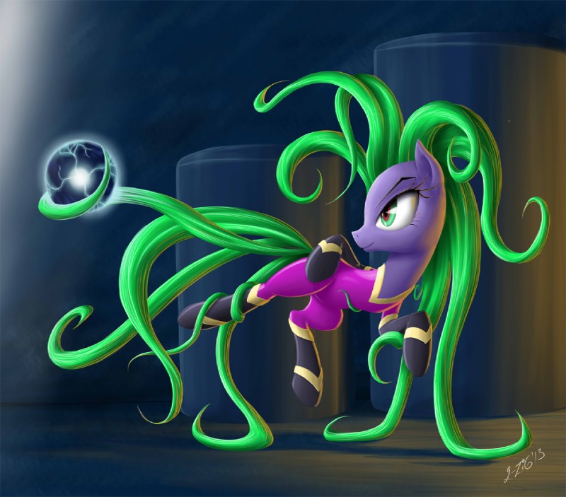 clothed clothing costume electro_orb female fur green_eyes green_hair hair purple_body purple_fur solo zigword friendship_is_magic hasbro my_little_pony mane-iac_(mlp) power_ponies_(mlp) earth_pony equid equine horse mammal pony 2013