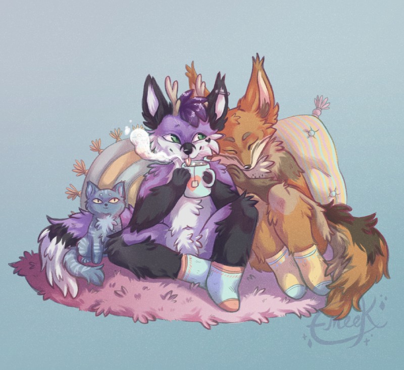 anthro clothing comfy footwear group hug legwear painting rug socks tongue eneeku canid canine canis domestic_cat felid feline felis mammal wolf 2020 clip_studio_paint_(artwork) digital_drawing_(artwork) digital_media_(artwork)