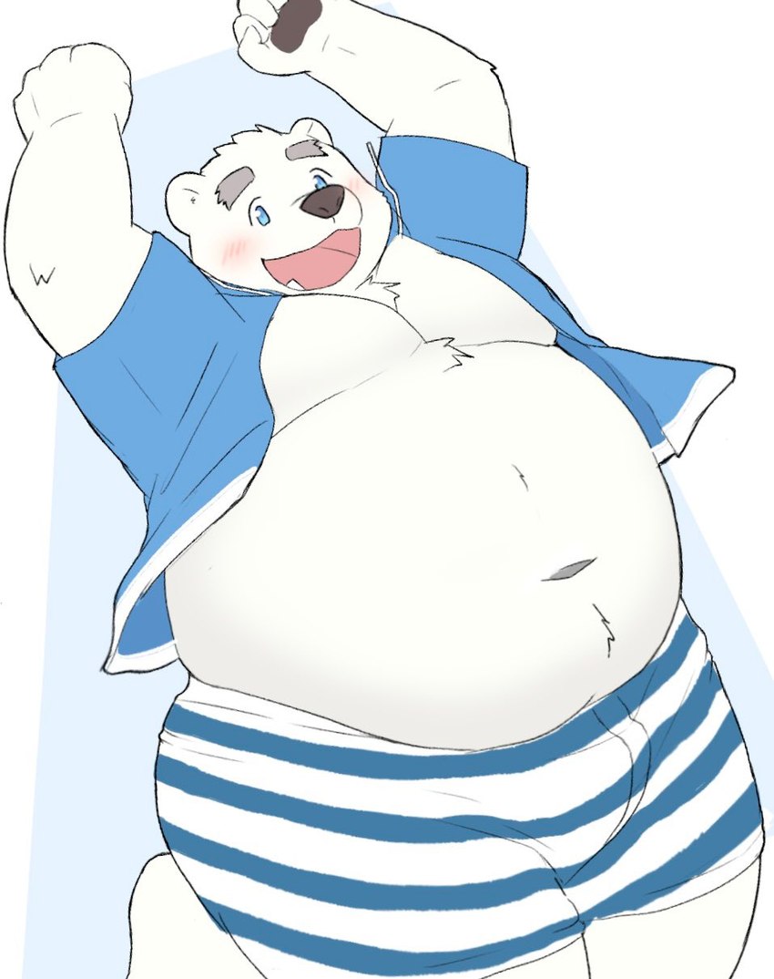 anthro belly big_belly black_nose blue_eyes blush bottomwear bulge clothing kemono male moobs navel overweight overweight_male shorts simple_background solo nikukyu299paw utau shirane_kan bear mammal polar_bear ursine 2024 hi_res