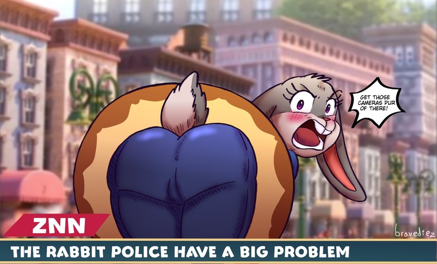 angry anthro big_butt blush bottomwear buckteeth butt clothing dessert detailed_background dialogue doughnut embarrassed eyelashes female food news news_report open_mouth pants pastry purple_eyes scut_tail short_tail solo speech_bubble stuck tail teeth text tight_bottomwear tight_clothing tight_pants bravediez disney judy_stuck_in_donut_redraw zootopia judy_hopps european_rabbit lagomorph leporid mammal oryctolagus rabbit 2024 english_text hi_res signature