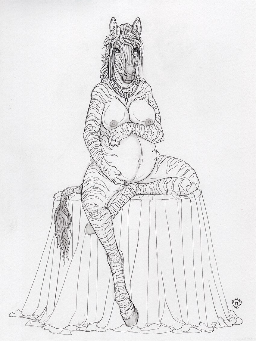 anthro belly big_belly breasts cleavage clothed clothing crossed_legs crystal dark_nipples female fur furniture gem hair hand_on_belly hooves inner_ear_fluff jewelry looking_at_viewer mane markings navel necklace necklace_only nipples nude on_display outie_navel pose pregnant pregnant_anthro pregnant_female sitting solo striped_body striped_fur striped_markings striped_tail stripes table tail tail_markings tail_tuft tuft dark_natasha izzabelle_frost equid equine mammal zebra 2019 3:4 hi_res sketch