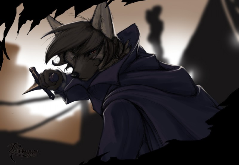 anthro bleak_ambiance blurred_background cloak clothed clothing fur grey_body grey_fur looking_at_viewer male melee_weapon solo stiletto_(weapon) weapon koul canid canine canis mammal wolf