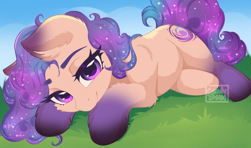 big_eyes cosmic_hair cutie_mark ethereal_hair eyebrows female feral fur glistening glistening_eyes grass hair looking_at_viewer plant purple_eyes purple_hair purple_tail sky solo starry_hair tail tan_body tan_fur candybun hasbro my_little_pony fan_character galaxy_(candybun) earth_pony equid equine horse mammal pony