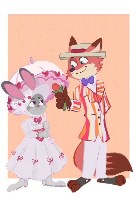 anthro bow_(feature) bow_tie clothed clothing dress duo female flower fur green_eyes hat headgear headwear male parody plant purple_eyes irlsealpup disney mary_poppins zootopia bert_(mary_poppins) judy_hopps mary_poppins_(character) nick_wilde canid canine fox lagomorph leporid mammal rabbit red_fox true_fox 2016 absurd_res hi_res