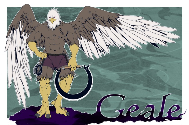 abs anthro barefoot beak big_muscles biped brown_body brown_feathers chakram claws clothed clothing feathered_wings feathers feet front_view hand_on_hip holding_object holding_weapon male muscular muscular_anthro muscular_male pose red_eyes skimpy solo standing text topless weapon white_body white_feathers wings pepsi_man_(artist) accipitrid accipitriform avian bird 3:2