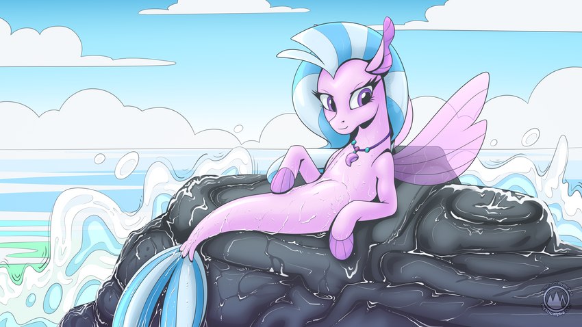 blue_hair blue_mane cloud day eyelashes female feral fin fish_tail hair jewelry mane necklace outside pink_body pink_eyes pink_skin pink_tail rock solo split_form tail water wet wet_body wings mysticalpha european_mythology friendship_is_magic greek_mythology hasbro my_little_pony mythology silverstream_(mlp) equid hippocampus mammal marine merfolk 16:9 2023 digital_media_(artwork) hi_res widescreen