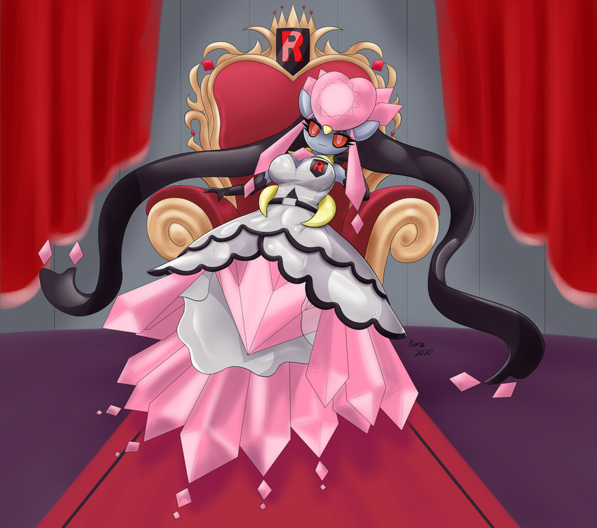 big_breasts breasts chair clothed clothing curtains female furniture red_sclera semi-anthro solo throne kawma nintendo pokemon team_rocket generation_6_pokemon legendary_pokemon mega_diancie mega_evolution pokemon_(species) absurd_res hi_res