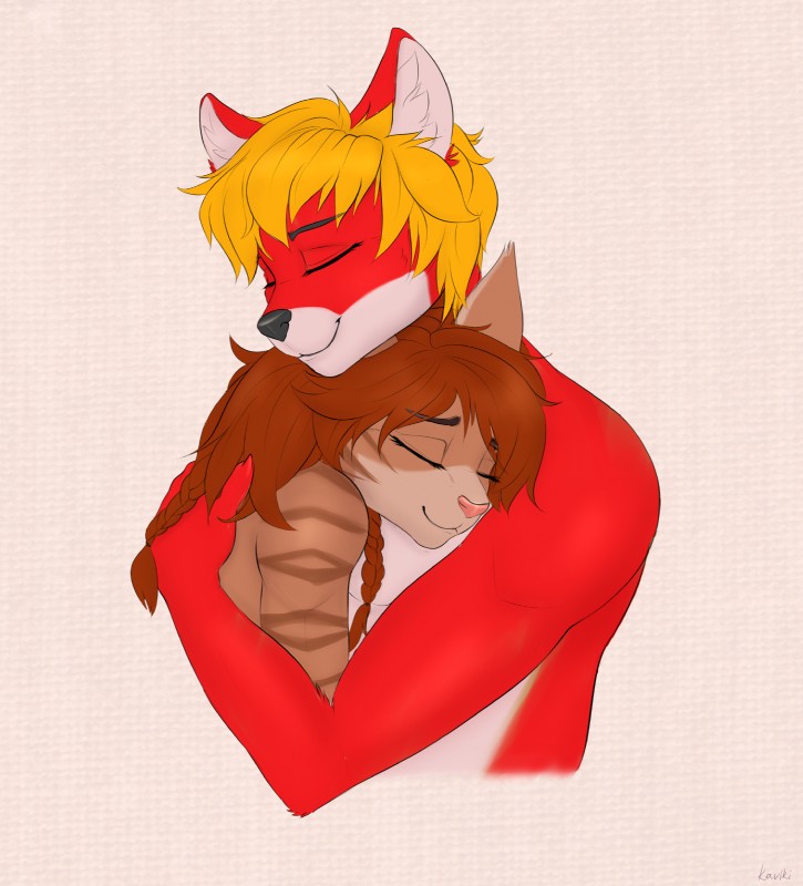 anthro anthro_on_anthro blonde_hair brown_body brown_fur duo eyes_closed female fur hair hug love male male/female red_body red_fur romantic romantic_couple smile stripes kaviki kayla_angel robin_tinderfox canid canine domestic_cat felid feline felis fox mammal hi_res