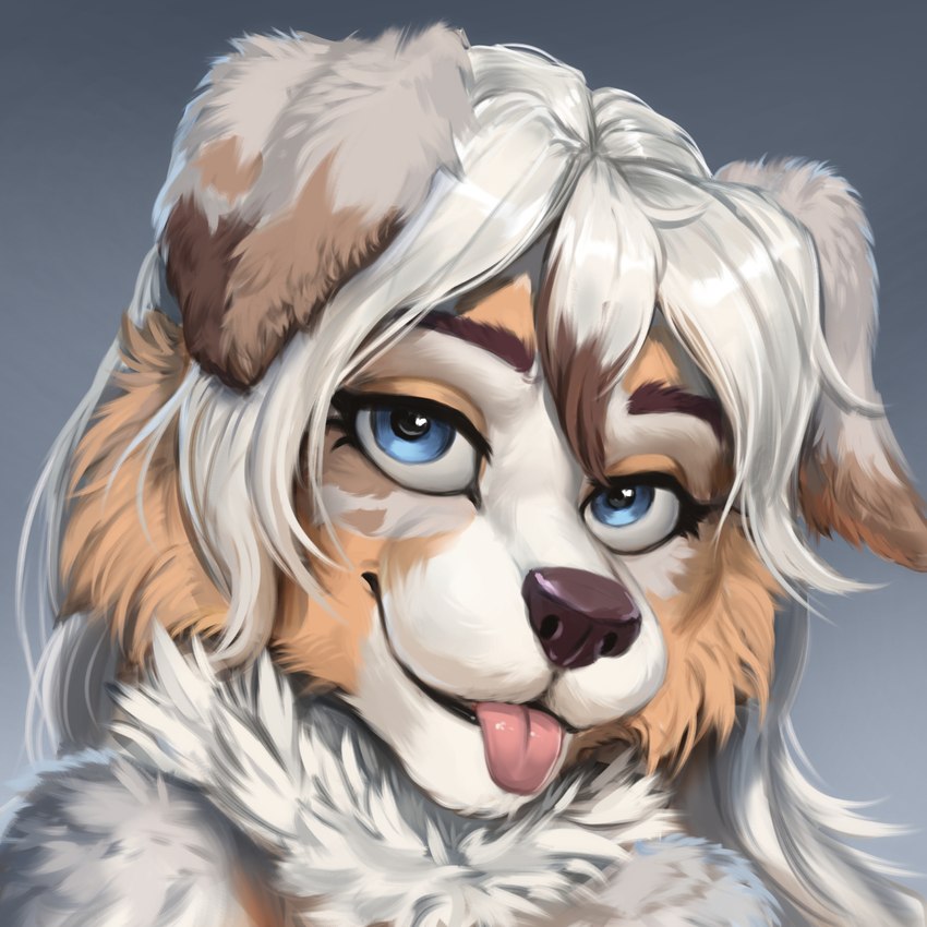 anthro blep blue_eyes cheek_tuft facial_tuft female fur hair looking_at_viewer neck_tuft solo tan_body tan_fur tongue tongue_out tuft white_body white_fur white_hair foxovh senip australian_shepherd canid canine canis domestic_dog herding_dog mammal pastoral_dog sheepdog 1:1 2023 headshot_portrait hi_res portrait