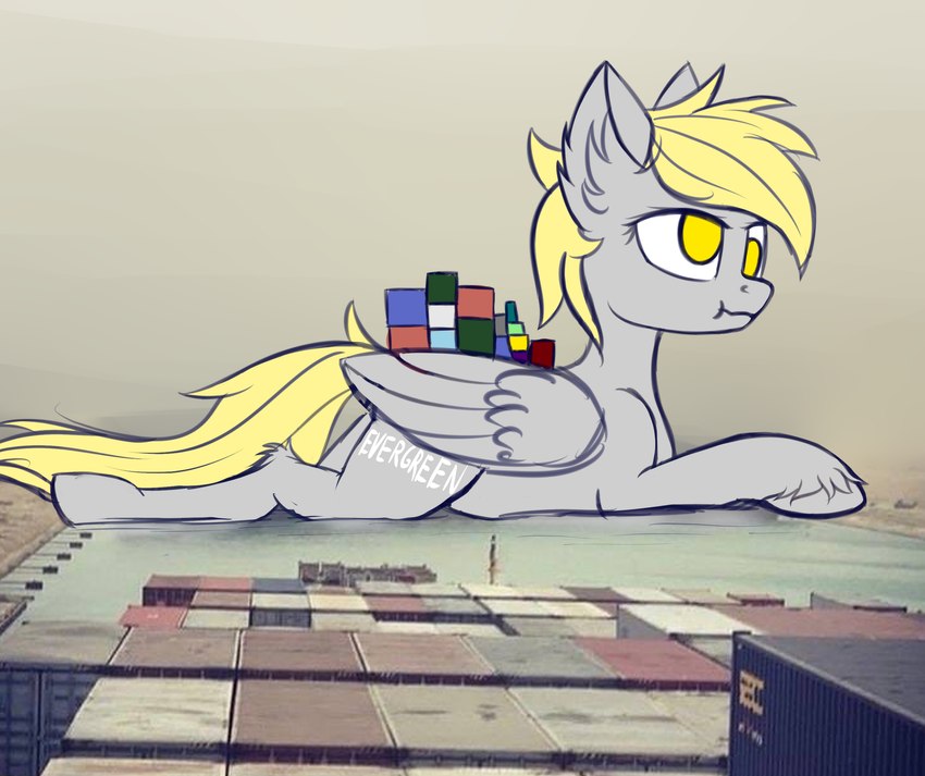 blonde_mane canal cargo_ship container_ship feathered_wings feathers female fetlocks fur grey_body grey_feathers grey_fur grey_wings hooves mane merchant_ship ship solo suez_canal tail vehicle watercraft wings yellow_eyes yellow_tail colourwave friendship_is_magic hasbro my_little_pony mythology derpy_hooves_(mlp) ever_given equid equine mammal mythological_creature mythological_equine pegasus absurd_res hi_res